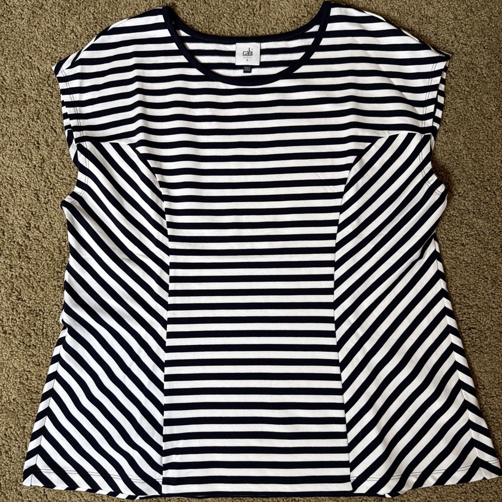CAbi Women Sleeveless Top L Navy White Striped Illusion Tee Stretch‎ Pattern - Picture 8 of 8